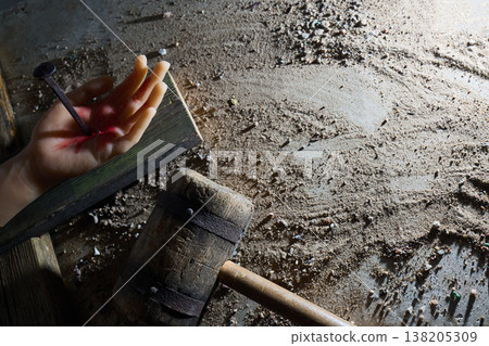 Hand nailed on wood symbolizing crucifixion and suffering 138205309