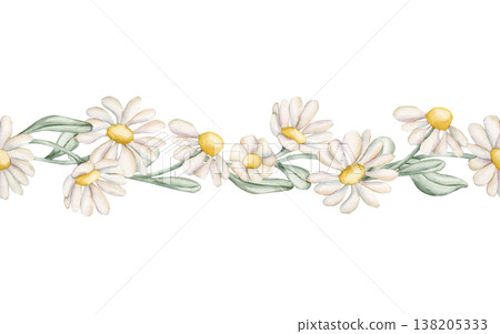 Cute Daisy Chamomile Flowers Seamless Border. Wildflowers Watercolor summer spring floral illustration hand painted isolated on white background for nursery baby kids design fresh prints cards textile Cute Daisy Chamomile Flowers Seamless Border. Wildflowers Watercolor summer spring floral illustration hand painted isolated on white background for nursery baby kids design fresh prints cards textile 138205333