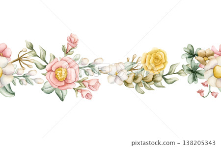 Cute Colourful Meadow Flowers Seamless Border. Wildflowers Watercolor summer spring bloom floral illustration hand painted isolated on white background for nursery baby kids design fresh cards textile Cute Colourful Meadow Flowers Seamless Border. Wildflowers Watercolor summer spring bloom floral illustration hand painted isolated on white background for nursery baby kids design fresh cards textile 138205343
