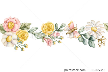 Cute Colourful Meadow Flowers Seamless Border. Wildflowers Watercolor summer spring bloom floral illustration hand painted isolated on white background for nursery baby kids design fresh cards textile Cute Colourful Meadow Flowers Seamless Border. Wildflowers Watercolor summer spring bloom floral illustration hand painted isolated on white background for nursery baby kids design fresh cards textile 138205346