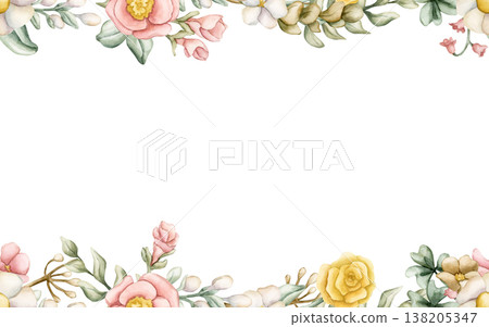 Cute Colourful Meadow Flowers Frame. Wildflowers Watercolor summer spring bloom floral illustration hand painted isolated on white background for nursery baby kids design fresh whimsical Easter cards Cute Colourful Meadow Flowers Frame. Wildflowers Watercolor summer spring bloom floral illustration hand painted isolated on white background for nursery baby kids design fresh whimsical Easter cards 138205347