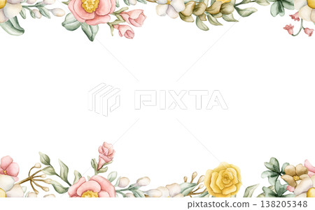 Cute Colourful Meadow Flowers Frame. Wildflowers Watercolor summer spring bloom floral illustration hand painted isolated on white background for nursery baby kids design fresh whimsical Easter cards Cute Colourful Meadow Flowers Frame. Wildflowers Watercolor summer spring bloom floral illustration hand painted isolated on white background for nursery baby kids design fresh whimsical Easter cards 138205348