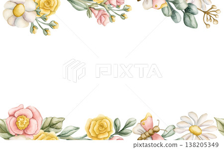 Cute Colourful Meadow Flowers Frame. Wildflowers Watercolor summer spring bloom floral illustration hand painted isolated on white background for nursery baby kids design fresh whimsical Easter cards Cute Colourful Meadow Flowers Frame. Wildflowers Watercolor summer spring bloom floral illustration hand painted isolated on white background for nursery baby kids design fresh whimsical Easter cards 138205349