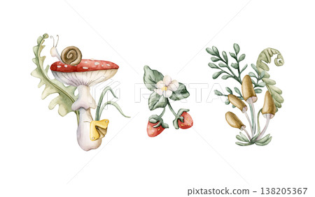 Cute Mushrooms Wild Strawberry Leaves . Watercolor summer floral forest illustration hand painted isolated on white background for nursery baby kids design fresh whimsical prints cards mystery textile 138205367