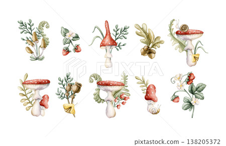 Cute Summer Forest Plants Mushrooms Berries Arrangement Set. Watercolor floral illustration hand painted isolated on white background for nursery baby kids design fresh prints cards mystery textile 138205372