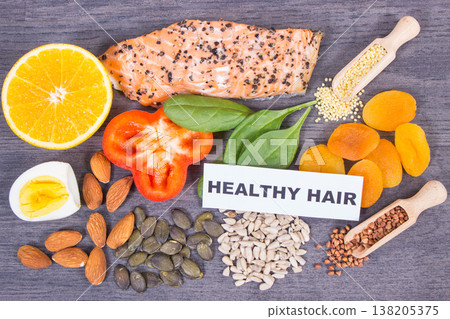 Nutritious products and ingredients containing differents vitamins or minerals for healthy hair Nutritious products and ingredients containing differents vitamins or minerals for healthy hair 138205375