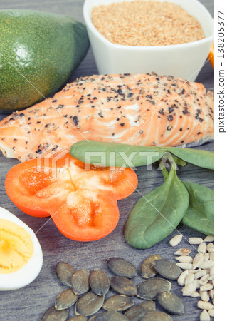 Various nutritious products or ingredients containing vitamins and minerals Various nutritious products or ingredients containing vitamins and minerals 138205377