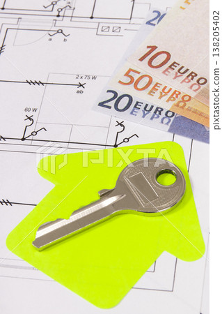 Euro banknotes, diagrams of electric installation, key and shape of house Euro banknotes, diagrams of electric installation, key and shape of house 138205402