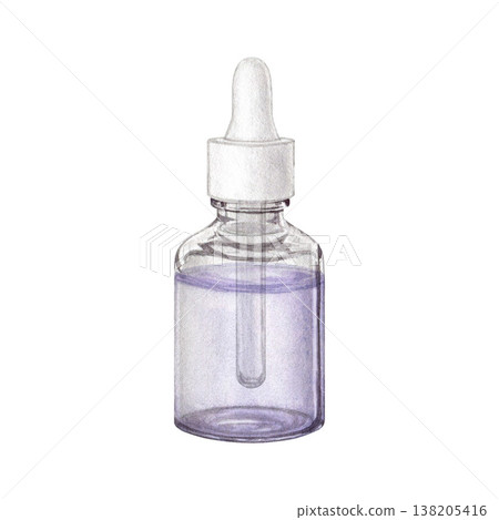 Watercolor lavender glass dropper bottle illustration isolated on white background. Hand drawn cosmetic serum, essential oil or medicine bottle with light purple liquid for spa and beauty design. 138205416