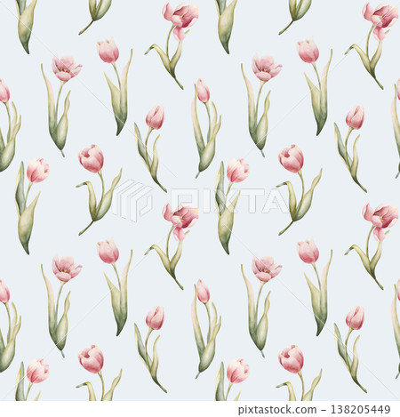 Pink Tulip Seamless Pattern Spring Garden Bulbs Flower. Watercolor hand drawn floral illustration isolated on light blue background for Easter design textile fresh fabric print cosmetic package Pink Tulip Seamless Pattern Spring Garden Bulbs Flower. Watercolor hand drawn floral illustration isolated on light blue background for Easter design textile fresh fabric print cosmetic package 138205449