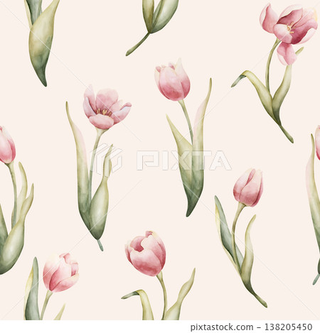 Pink Tulip Seamless Pattern Spring Garden Bulbs Flower. Watercolor hand drawn floral illustration isolated on light pink background for Easter design textile fresh fabric print cosmetic package 138205450