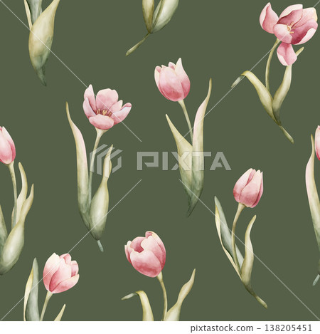 Pink Tulip Seamless Pattern Spring Garden Bulbs Flower. Watercolor hand drawn floral illustration isolated on green background for Easter Woman's day design textile fresh fabric print cosmetic package Pink Tulip Seamless Pattern Spring Garden Bulbs Flower. Watercolor hand drawn floral illustration isolated on green background for Easter Woman's day design textile fresh fabric print cosmetic package 138205451