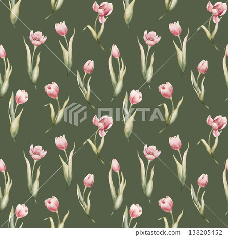 Pink Tulip Seamless Pattern Spring Garden Bulbs Flower. Watercolor hand drawn floral illustration isolated on green background for Easter Woman's day design textile fresh fabric print cosmetic package 138205452