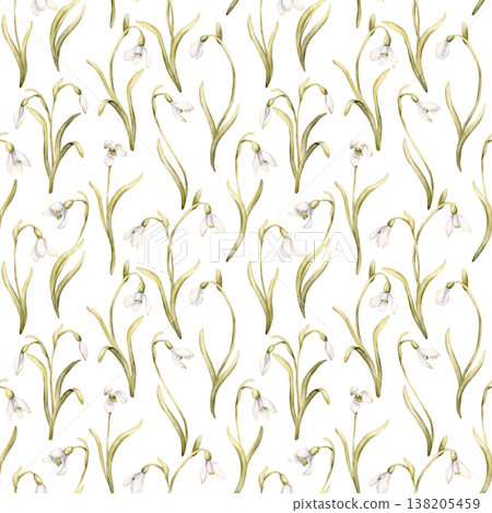 Snowdrops Seamless Pattern Spring Bulb Flowers. Watercolor hand drawn floral illustration isolated on white background for Easter design mystery textile fresh fabric whimsical print cosmetic package Snowdrops Seamless Pattern Spring Bulb Flowers. Watercolor hand drawn floral illustration isolated on white background for Easter design mystery textile fresh fabric whimsical print cosmetic package 138205459