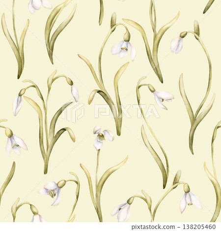 Snowdrops Seamless Pattern Spring Bulb Flowers. Watercolor hand drawn floral illustration isolated on light yellow background for Easter design textile fresh fabric whimsical print cosmetic package Snowdrops Seamless Pattern Spring Bulb Flowers. Watercolor hand drawn floral illustration isolated on light yellow background for Easter design textile fresh fabric whimsical print cosmetic package 138205460