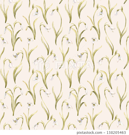 Snowdrops Seamless Pattern Spring Bulb Flower. Watercolor hand drawn floral illustration isolated on light blush pink background for Easter design textile fresh fabric whimsical print cosmetic package Snowdrops Seamless Pattern Spring Bulb Flower. Watercolor hand drawn floral illustration isolated on light blush pink background for Easter design textile fresh fabric whimsical print cosmetic package 138205463
