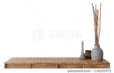 Furniture set displays a wooden table with storage drawers. Various ceramic vases and dried plants are placed on top, showing a blend of style and function. This design suits multiple environments Furniture set displays a wooden table with storage drawers. Various ceramic vases and dried plants are placed on top, showing a blend of style and function. This design suits multiple environments 138205472