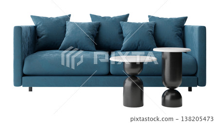 The furniture shows a modern couch with cushions and two unique side tables in a realistic 3D render. This display is ideal for design ideas in home or office settings The furniture shows a modern couch with cushions and two unique side tables in a realistic 3D render. This display is ideal for design ideas in home or office settings 138205473