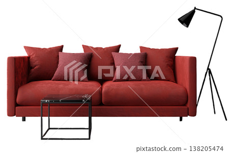This composition features cut out furniture on a clear backdrop. It displays a red sofa with cushions and a standing lamp. The style is realistic and detailed with a focus on design This composition features cut out furniture on a clear backdrop. It displays a red sofa with cushions and a standing lamp. The style is realistic and detailed with a focus on design 138205474