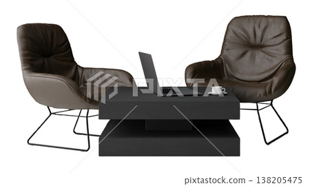 A furniture composition shows two chairs and a table on a clear background. The setting can be used for design projects or furniture selection. It features clean lines and modern shapes A furniture composition shows two chairs and a table on a clear background. The setting can be used for design projects or furniture selection. It features clean lines and modern shapes 138205475