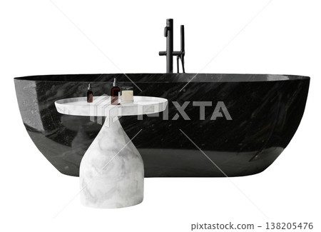 Scene shows a bathtub and side table cut out and isolated on a clear background. The design features simple lines and shapes in a realistic 3D render Scene shows a bathtub and side table cut out and isolated on a clear background. The design features simple lines and shapes in a realistic 3D render 138205476
