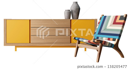 A modern chair with a colorful design next to a storage unit with yellow doors and wooden drawers. Two vases rest on top of the unit A modern chair with a colorful design next to a storage unit with yellow doors and wooden drawers. Two vases rest on top of the unit 138205477