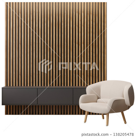 A collection of cutout furniture sits on a clear background. The scene includes a chair and a wall with wooden panels. The focus remains on the realistic rendering of the items A collection of cutout furniture sits on a clear background. The scene includes a chair and a wall with wooden panels. The focus remains on the realistic rendering of the items 138205478