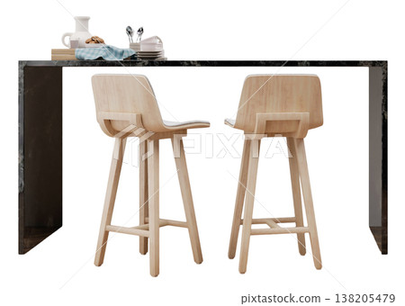 A furniture composition shows two wooden stools positioned next to a marble table. The scene has a clear background, highlighting the design and shapes of the furniture A furniture composition shows two wooden stools positioned next to a marble table. The scene has a clear background, highlighting the design and shapes of the furniture 138205479