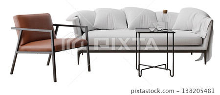 Cut out furniture shows a sofa and chair beside a small table. The design is modern and realistic. Items stand isolated on a clear background for focus on shape and style 138205481
