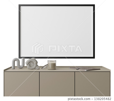 A realistic 3D render shows modern furniture. The composition includes a cabinet, a framed picture, a candle, and decoration items, all isolated on a clear background A realistic 3D render shows modern furniture. The composition includes a cabinet, a framed picture, a candle, and decoration items, all isolated on a clear background 138205482