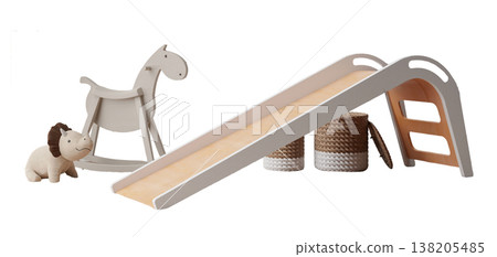 A collection of furniture pieces features a slide, rocking horse, and toy animals arranged on a clear background. This setup is ideal for a children's playroom design concept A collection of furniture pieces features a slide, rocking horse, and toy animals arranged on a clear background. This setup is ideal for a children's playroom design concept 138205485