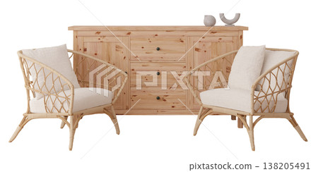 A wooden cabinet sits in the center with two woven chairs on each side. The scene shows a simple arrangement of furniture. The background remains clear to highlight the items A wooden cabinet sits in the center with two woven chairs on each side. The scene shows a simple arrangement of furniture. The background remains clear to highlight the items 138205491