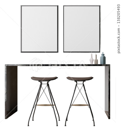 A composition of furniture shows two stools and a table with wall decor above. The scene highlights 3D rendering and realistic design in a clear background A composition of furniture shows two stools and a table with wall decor above. The scene highlights 3D rendering and realistic design in a clear background 138205493