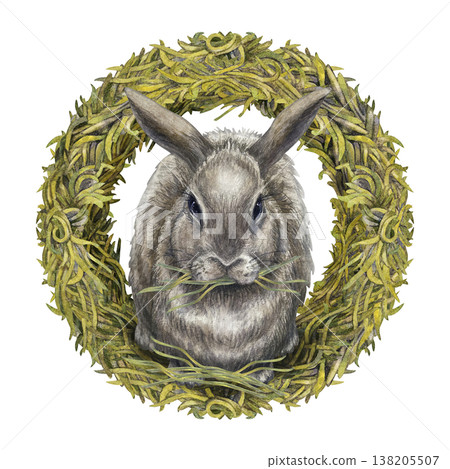 Watercolor rabbit composition with natural botanical hay wreath on white background. Soft neutral tones, rustic style for Easter design, farm branding, hay label, stationary, organic lifestyle project Watercolor rabbit composition with natural botanical hay wreath on white background. Soft neutral tones, rustic style for Easter design, farm branding, hay label, stationary, organic lifestyle project 138205507
