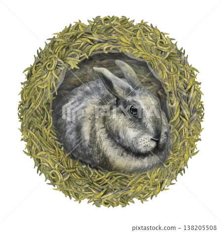 Watercolor rabbit composition with natural botanical hay nest on white background. Soft neutral tones, rustic style for Easter design, farm branding, hay labels, stationary, organic lifestyle projects Watercolor rabbit composition with natural botanical hay nest on white background. Soft neutral tones, rustic style for Easter design, farm branding, hay labels, stationary, organic lifestyle projects 138205508