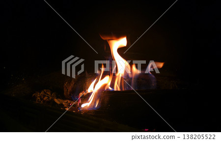 Tongues of flame on burning logs in the stove. High quality photo Tongues of flame on burning logs in the stove. High quality photo 138205522
