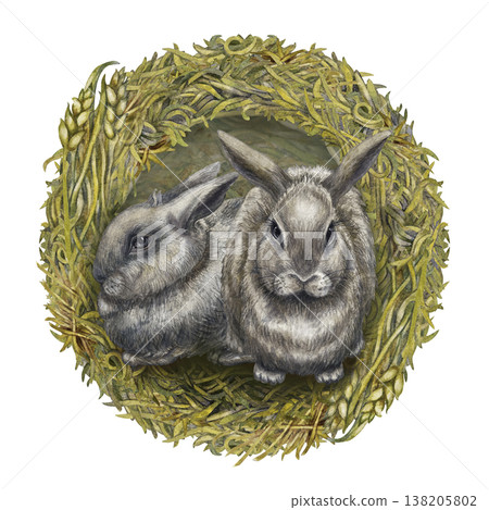Watercolor rabbit composition with natural botanical hay nest on white background. Soft neutral tones, rustic style for Easter design, farm branding, hay labels, stationary, organic lifestyle projects Watercolor rabbit composition with natural botanical hay nest on white background. Soft neutral tones, rustic style for Easter design, farm branding, hay labels, stationary, organic lifestyle projects 138205802
