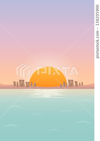 Ancient stone circle on coast at sunset vector illustration. 138205900