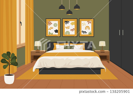 Modern bedroom interior with dark olive walls and yellow curtains vector illustration. Modern bedroom interior with dark olive walls and yellow curtains vector illustration. 138205901