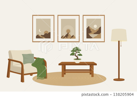Japandi wall decor with gallery frames and bonsai table vector illustration. Japandi wall decor with gallery frames and bonsai table vector illustration. 138205904