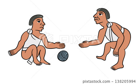 Aztec ball players playing a Mesoamerican ballgame with a rubber ball. Descendant version Ulama is still played in Mexico, regarded as one of the oldest continuously played sports in the world. Vector 138205994