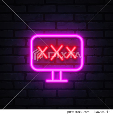 Neon monitor with triple X sign glowing in pink and red. Bright screen design suggests adult content platform. Perfect for website banners, nightlife ads Neon monitor with triple X sign glowing in pink and red. Bright screen design suggests adult content platform. Perfect for website banners, nightlife ads 138206012