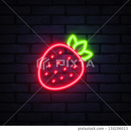 Neon strawberry symbol in bright red with green leaves. Juicy glowing fruit creates playful and sensual mood. Perfect for flavor labels, romantic themes, or nightlife branding. Neon strawberry symbol in bright red with green leaves. Juicy glowing fruit creates playful and sensual mood. Perfect for flavor labels, romantic themes, or nightlife branding. 138206013