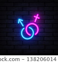 Neon male and female symbols intertwined in vivid blue and pink. Modern glowing lines represent relationship and gender theme. Ideal for equality visuals 138206014