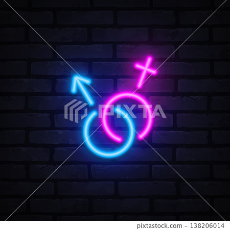 Neon male and female symbols intertwined in vivid blue and pink. Modern glowing lines represent relationship and gender theme. Ideal for equality visuals 138206014