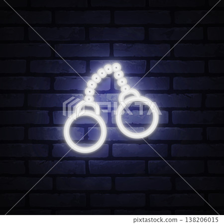 Neon handcuffs icon shining in white light on brick background. Strong outline conveys passion and daring lifestyle concept. Suitable for club decor, themed posters, or bold design projects. 138206015