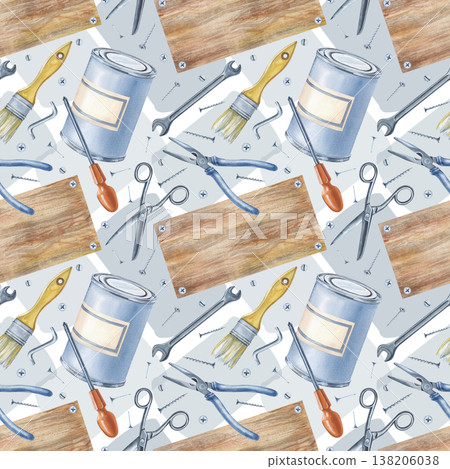 Seamless drawing with working tools and a wooden board on the background of translucent silhouettes of cans. Watercolor illustration of men's work tools for home renovation on an isolated background Seamless drawing with working tools and a wooden board on the background of translucent silhouettes of cans. Watercolor illustration of men's work tools for home renovation on an isolated background 138206038