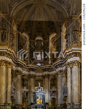 Baroque Malaga Cathedral Interior With Ornate Altar, Corinthian Columns And Stained Glass Dome 138206226