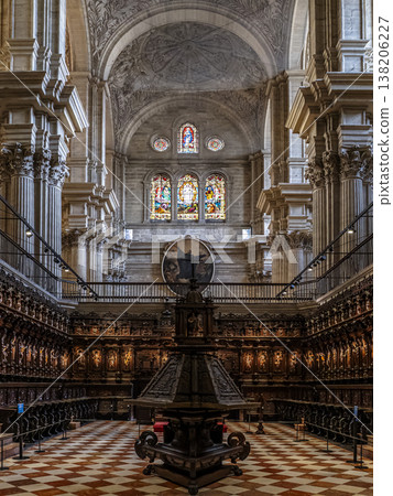 Historic Malaga Cathedral Interior With Ornate Choir Stalls, Marble Columns and Stained Glass Windows Historic Malaga Cathedral Interior With Ornate Choir Stalls, Marble Columns and Stained Glass Windows 138206227