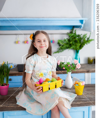 Smiling girl Easter basket, colorful eggs, spring holiday, celebration, egg hunt, child, pastel colors Smiling girl Easter basket, colorful eggs, spring holiday, celebration, egg hunt, child, pastel colors 138206369